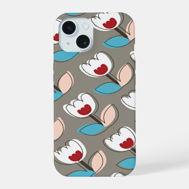 Modern Retro White Tulips Flowers Pattern Chic Fun iPhone 15 Case (Back)