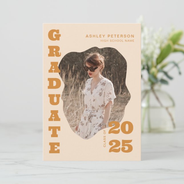 Modern Retro Yellow Typography 2 Photo Graduation Invitation (Standing Front)
