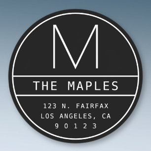 Modern Return Address & Monogram   Black & White Classic Round Sticker