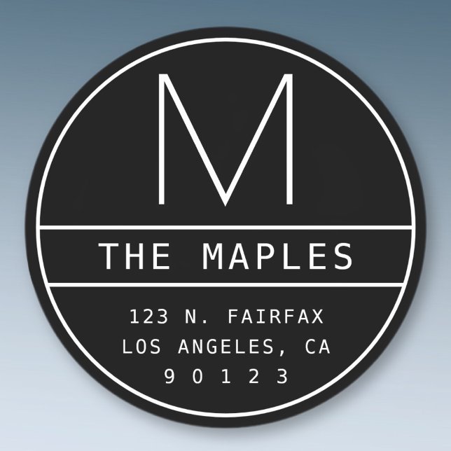 Modern Return Address & Monogram | Black & White Classic Round Sticker (Creator Uploaded)