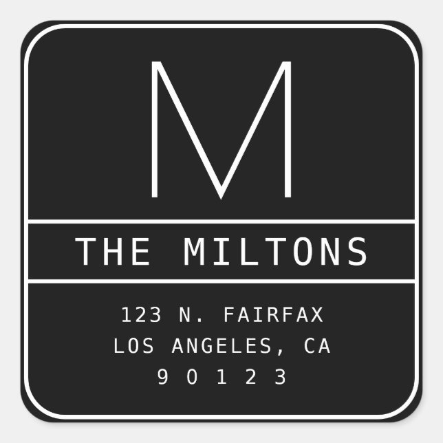Modern Return Address & Monogram | Black & White Square Sticker (Front)