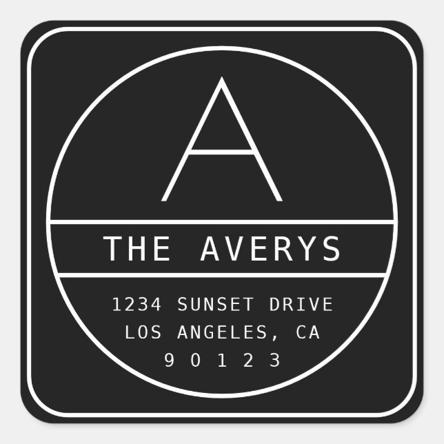 Modern Return Address & Monogram | Black & White Square Sticker (Front)