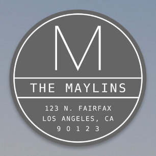 Modern Return Address & Monogram   Dark Grey Classic Round Sticker