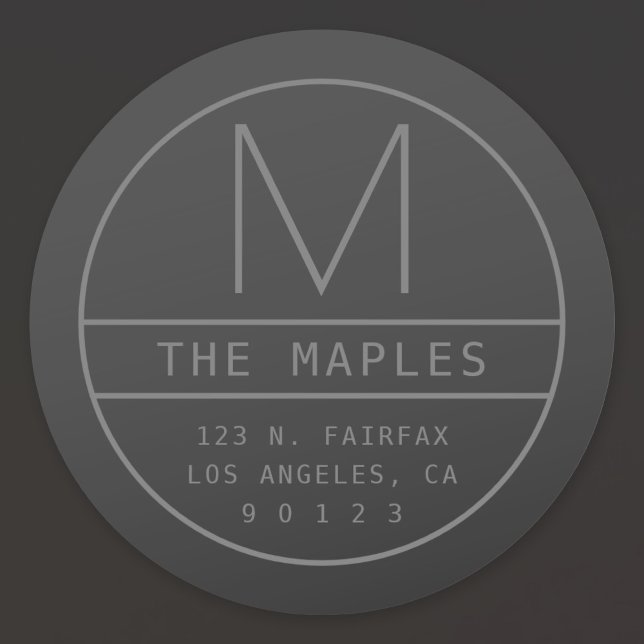 Modern Return Address & Monogram | Dark Grey Classic Round Sticker (Creator Uploaded)