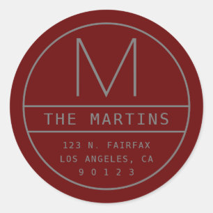 Modern Return Address & Monogram   Dark Red & Grey Classic Round Sticker