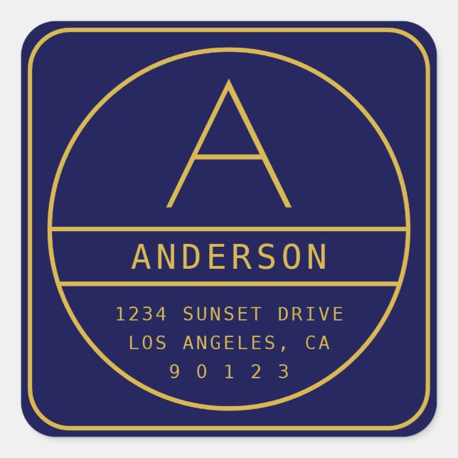 Modern Return Address & Monogram | Gold & Navy Square Sticker (Front)