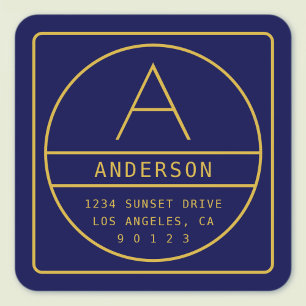 Modern Return Address & Monogram   Gold & Navy Square Sticker