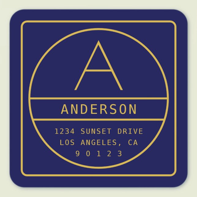 Modern Return Address & Monogram | Gold & Navy Square Sticker (Creator Uploaded)