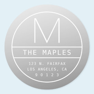 Modern Return Address & Monogram Gradient Grey Classic Round Sticker