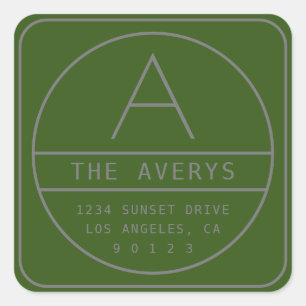 Modern Return Address & Monogram   Green & Grey Square Sticker