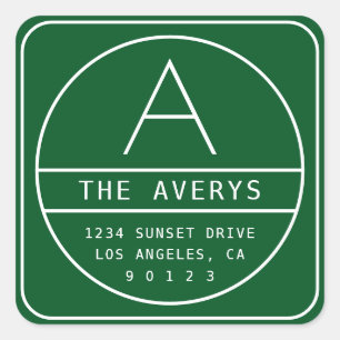 Modern Return Address & Monogram Green Square Sticker
