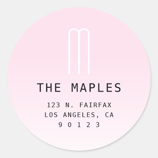 Modern Return Address & Monogram | Light Pink Classic Round Sticker (Front)