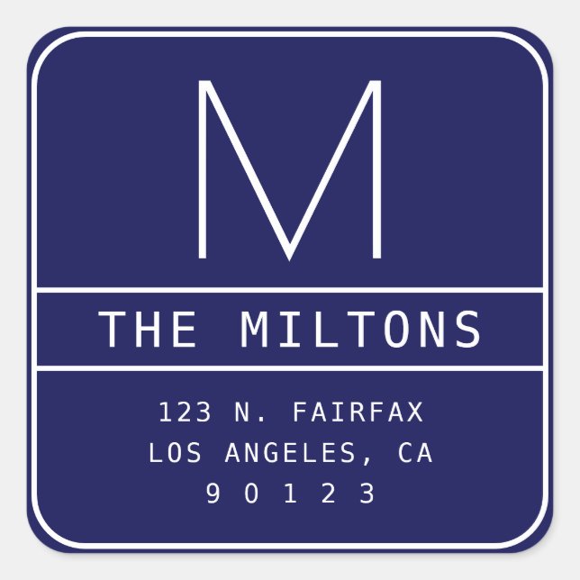 Modern Return Address & Monogram | Navy Blue Square Sticker (Front)