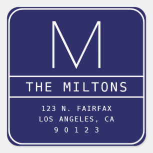 Modern Return Address & Monogram   Navy Blue Square Sticker