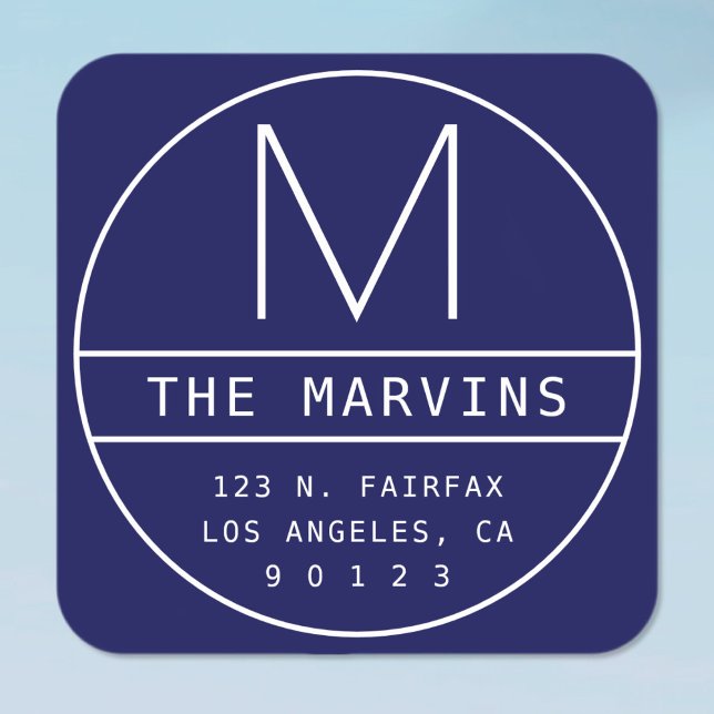 Modern Return Address & Monogram | Navy Blue Square Sticker (Creator Uploaded)