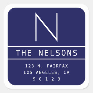 Modern Return Address & Monogram   Navy Blue Square Sticker