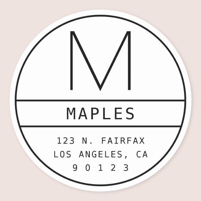 Modern Return Address & Monogram | White & Black Classic Round Sticker (Creator Uploaded)