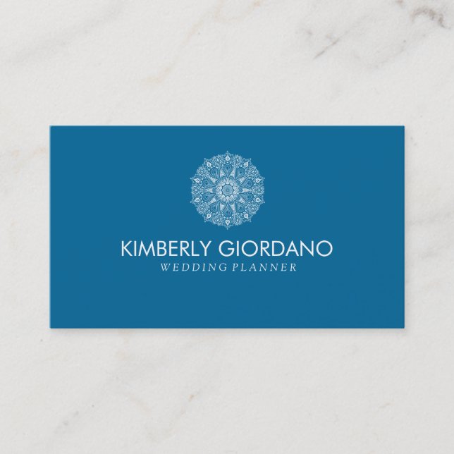 Modern Reversible White And Blue Lace Accents Business Card (Front)