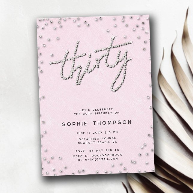 Modern Rhinestones Calligraphy Pink 30th Birthday Invitation (rhinestones modern calligraphy pink elegant 30th birthday invitation for women)