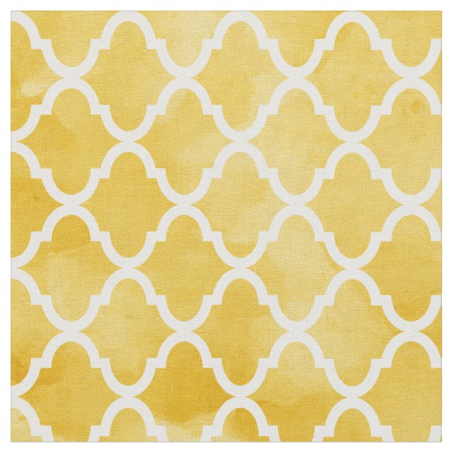 Modern Rich Yellow Watercolor Quatrefoil Pattern Fabric (Close Up)