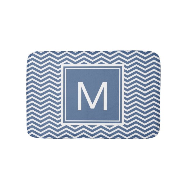 Modern Riverside Blue Chevrons and Monogram Bath Mat (Front)