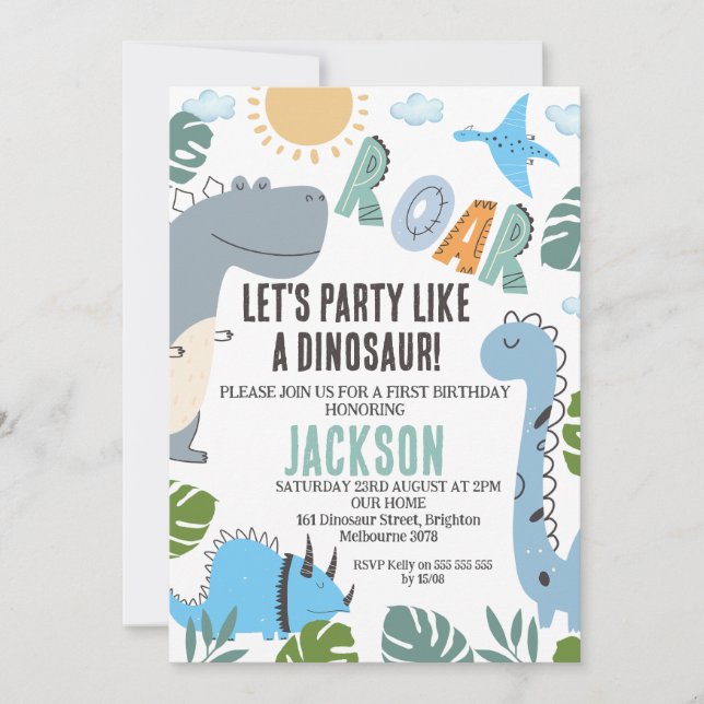 Modern Roar Dinosaur Party 1st Birthday Invitation (Front)