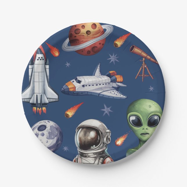 Modern Rocket Ship Space Planet Birthday or Shower Paper Plate (Front)