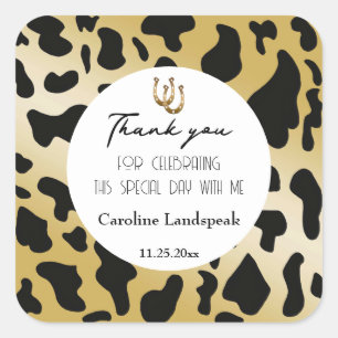 Modern Rodeo Birthday Black Gold Cowhide Thank You Square Sticker