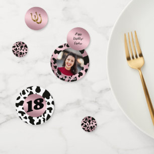 Modern Rodeo Birthday Rose Gold Cow Print Photo Confetti