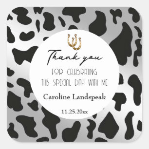 Modern Rodeo Birthday Silver Cowhide Thank You Square Sticker