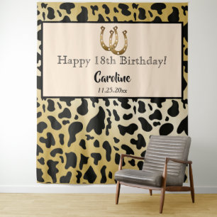 Modern Rodeo Black Gold Cow Print Backdrop Tapestry