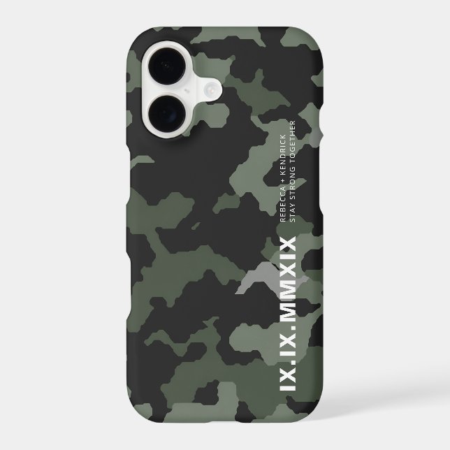 Modern Roman Numerals Anniversary Date Camouflage iPhone Case (Back)