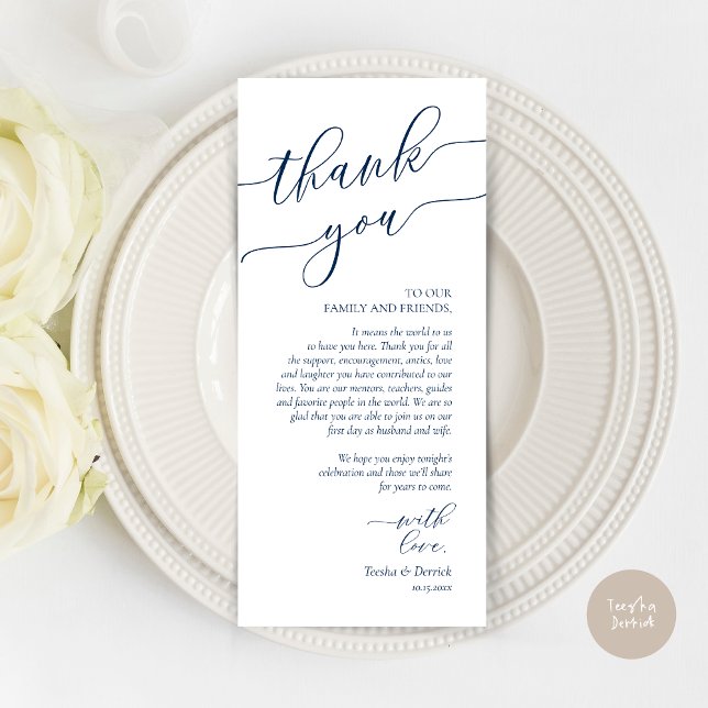 Modern Romance Dinner Place Setting Thank You Card (Wedding Dinner Place Setting Thank You Card, Modern Romance Design, in Navy Blue)