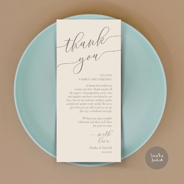 Modern Romance Dinner Place Setting Thank You Card (Wedding Dinner Place Setting Thank You Card, Modern Romance Design, in Cream and Grey)