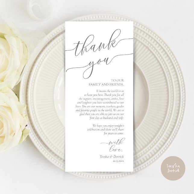 Modern Romance Dinner Place Setting Thank You Card (Wedding Dinner Place Setting Thank You Card, Modern Romance Design, in Dark Grey)