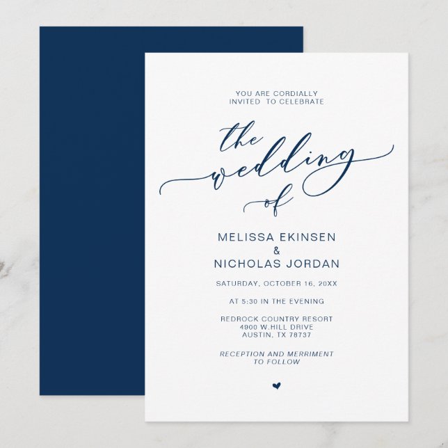 Modern Romance, Navy Blue, Calligraphy Wedding Invitation (Front/Back)