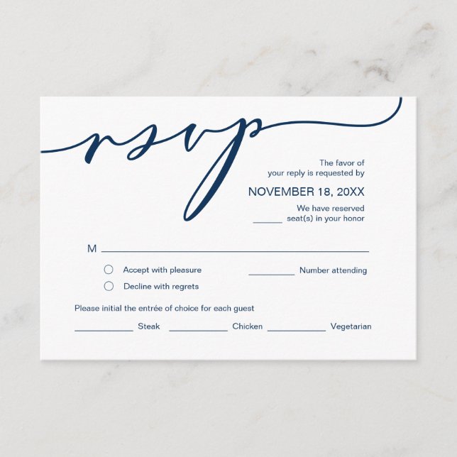 Modern Romance, Navy Blue Script ,Wedding RSVP Enclosure Card (Front)