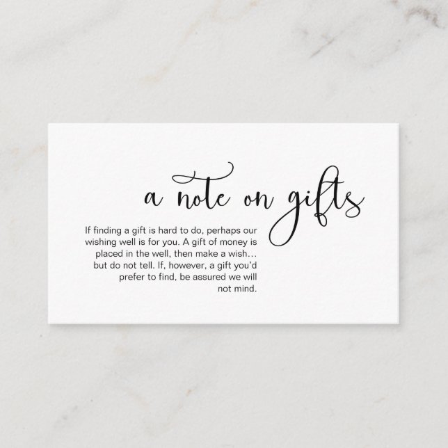 Modern romantic Black font, A note on gifts Enclosure Card (Front)
