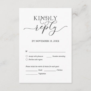 Modern Romantic, Black Script, Wedding Dinner RSVP Enclosure Card