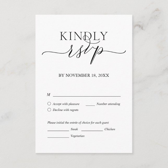 Modern Romantic, Black Script, Wedding Dinner RSVP Enclosure Card (Front)