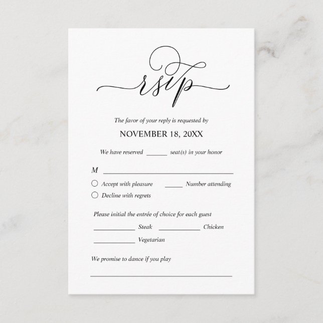 Modern Romantic, Black, Wedding Dinner RSVP Enclosure Card (Front)