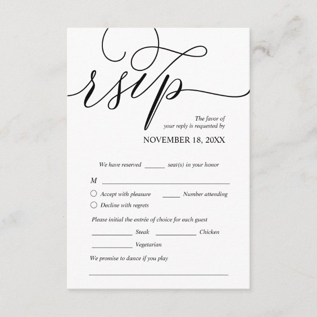 Modern Romantic, Black, Wedding Dinner RSVP Enclosure Card (Front)