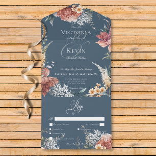 Modern Romantic Blue Garden Floral Dinner All In One Invitation