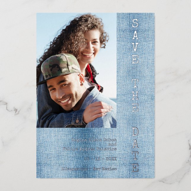 Modern Romantic Blue Jean Engaged Couple Photo (Front)