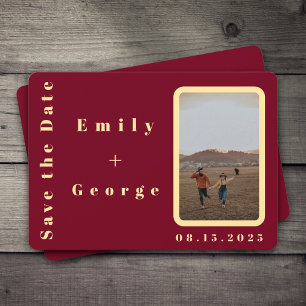 Modern Romantic Burgundy Gold Couple Photo Wedding Save The Date