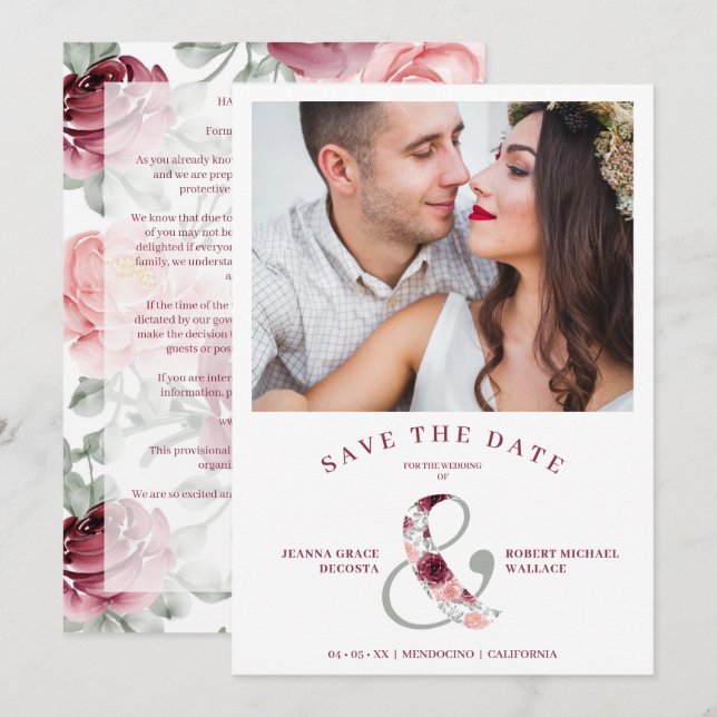 Modern Romantic Classic Floral Pink Shades Photo Save The Date (Front/Back)