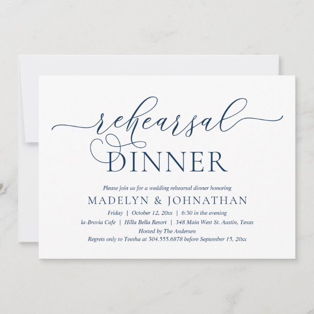 Modern Romantic, Classy Navy Blue Rehearsal Dinner Invitation (Front)