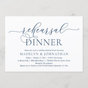 Modern Romantic, Classy Navy Blue Rehearsal Dinner Invitation