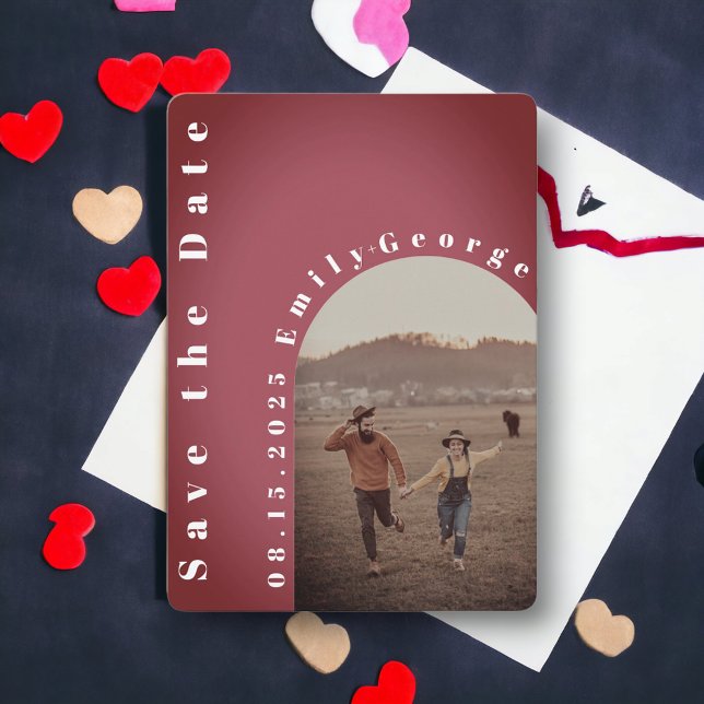 Modern Romantic Couple Burgundy Arch Photo Wedding Save The Date (Creator Uploaded)
