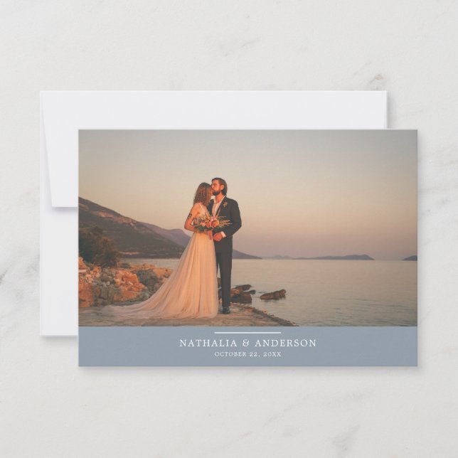Modern Romantic Dusty Blue Photo Wedding Thank You Card (Front)